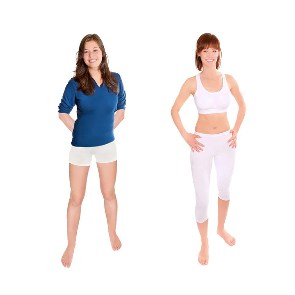 Two Barefoot Young Women Wearing Sportswear Full Length Portraits Isolated — Stock Photo, Image