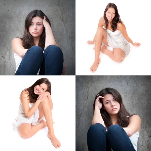 Emotieconcept Vier Portretten Van Hetzelfde Model Twee Buitenfoto Verdrietig Depressief — Stockfoto