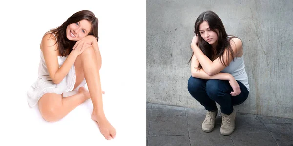 Emotion concept, two portraits of the same young brunette woman, left photo: cheerful and happy, right photo: sad and depressed