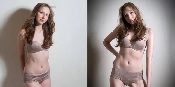 Δύο Πορτραίτα Μιας Ελκυστικής Νεαρής Γυναίκας Που Φοράει Μπικίνι Μπροστά — Φωτογραφία Αρχείου