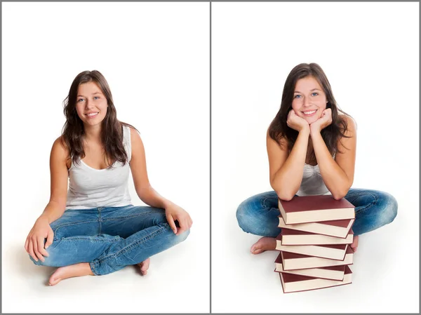 白いスタジオの背景の前に隔離された本の有無にかかわらず 若い女性学生や高校生の女の子の2枚の写真 — ストック写真