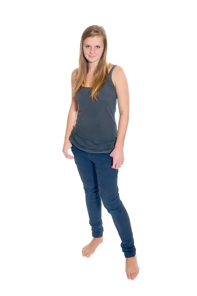 Ganzkörperporträt Einer Schönen Jungen Frau Blauen Jeans Und Grauem Hemd — Stockfoto