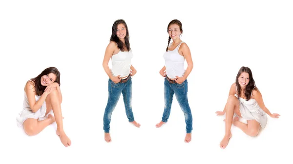 Quatro Fotos Uma Jovem Mulher Feliz Sentada Frente Fundo Estúdio — Fotografia de Stock