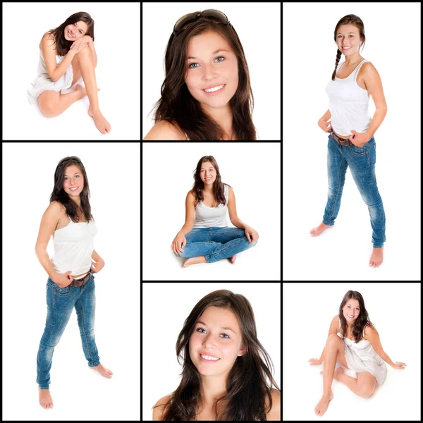 Collage Van Een Mooie Jonge Vrouw Met Lang Brunette Haar — Stockfoto