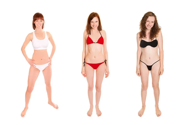 Drie Mooie Jonge Vrouwen Rode Witte Zwarte Bikini Geïsoleerd Witte — Stockfoto
