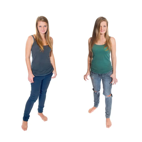 Dois Retratos Completos Uma Linda Adolescente Dezenove Anos Vestindo Jeans — Fotografia de Stock