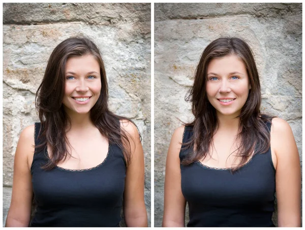 Two Closeup Outdoor Portraits Young Smiling Woman Wearing Black Top — Stock Photo, Image