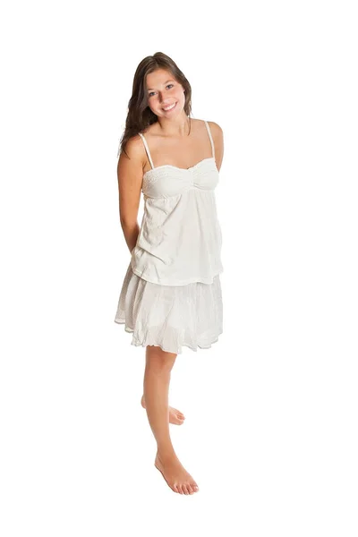Portret Pięknej Młodej Kobiety Ubranej Biały Top Krótką Letnią Spódniczkę — Zdjęcie stockowe