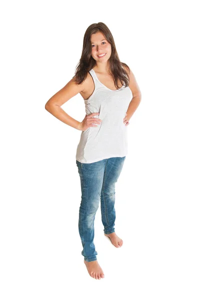 Ritratto Figura Intera Una Splendida Donna Sorridente Che Indossa Jeans — Foto Stock