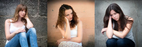 Three Outdoor Portraits Sad Young Women Looking Thoughtful Troubles Front — Stock Photo, Image