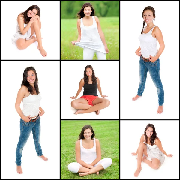 Collage Einer Attraktiven Jungen Frau Mit Langen Brünetten Haaren Die — Stockfoto