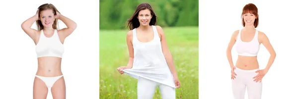 Beyaz Spor Giyim Mayo Giyen Güzel Genç Kadın Beyaz Arka — Stok fotoğraf