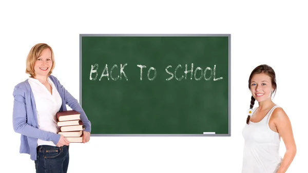 Jonge Leraar Schoolmeisje Voor Een Schoolbord Tekst Terug Naar School — Stockfoto