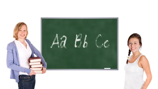 Jonge Leraar Schoolmeisje Voor Een Schoolbord Abc Geschreven Het Bord — Stockfoto