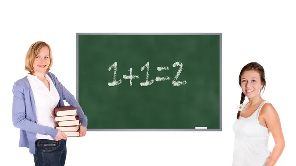 Young Teacher Schoolgirl Front Chalkboard One One Equals Two Written — Stock Photo, Image