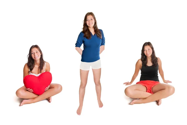 Three Photos Beautiful Young Brunette Woman Wearing Different Clothes Front — Stock Photo, Image