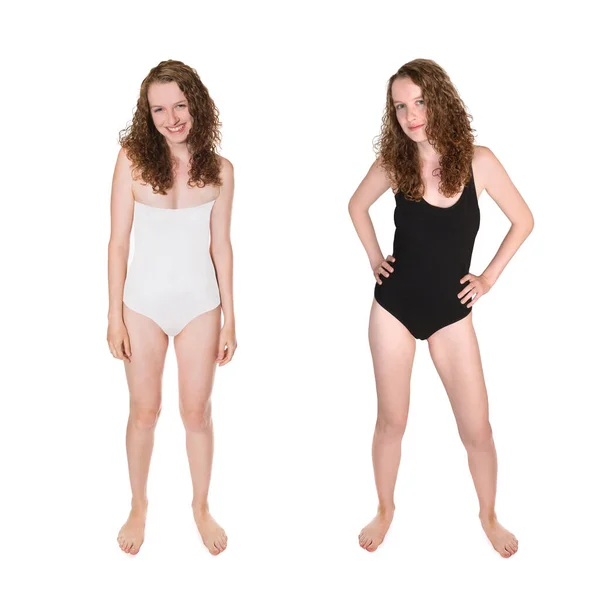 Full Length Portraits Attractive Laughing Woman Wearing White Black Swimsuits — Stock Photo, Image