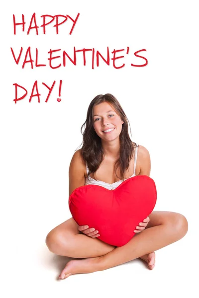 Hermosa Chica Sosteniendo Una Almohada Roja Del Corazón Texto Feliz — Foto de Stock