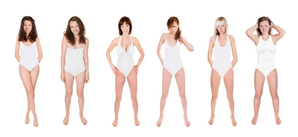白い水着を身に着けている6人の魅力的な若い女性の完全な長さの肖像画 ニュートラルなスタジオの背景に孤立 — ストック写真