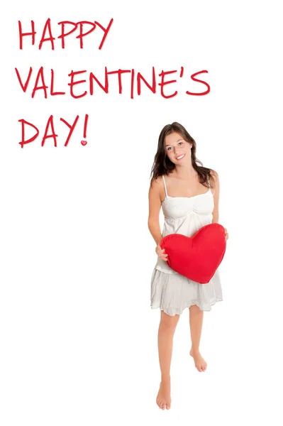 Beautiful Girl Holding Red Heart Pillow Text Happy Valentine Day — Stock Photo, Image