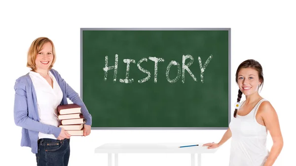 Jonge Leraar Schoolmeisje Voor Een Schoolbord Geschiedenis Geschreven Het Bord — Stockfoto