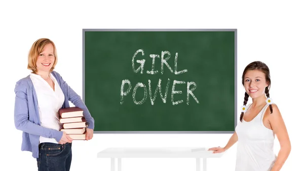 Junge Lehrerin Und Schülerin Vor Einer Tafel Girls Power Steht — Stockfoto