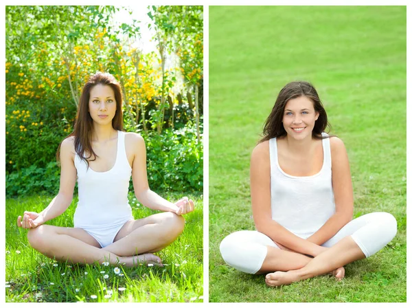 Two Beautiful Young Women Sitting Garden Wearing White Sportswear Swimwear — Stock Photo, Image