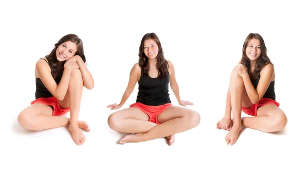 Three Poses Beautiful Young Women Wearing Red Shorts Black Top — Stock Photo, Image