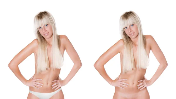 Elegante Blonde Vrouw Die Wel Geen Witte Bikinilijn Draagt Schoonheidsconcept — Stockfoto
