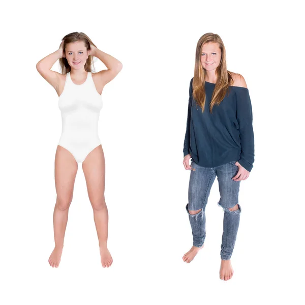 평상복을 수영복을 매력적 여성의 화이트 스튜디오 배경에 고립되어 — 스톡 사진