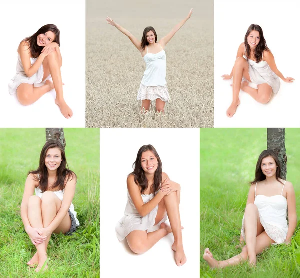 Schattige Jonge Vrouw Met Verschillende Korte Rokken Witte Topjes Drie — Stockfoto