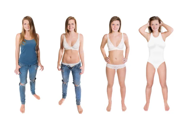 四幅全长的画像 是一个穿着休闲装 内裤和泳衣的快乐的年轻女子的画像 背景为白色 — 图库照片