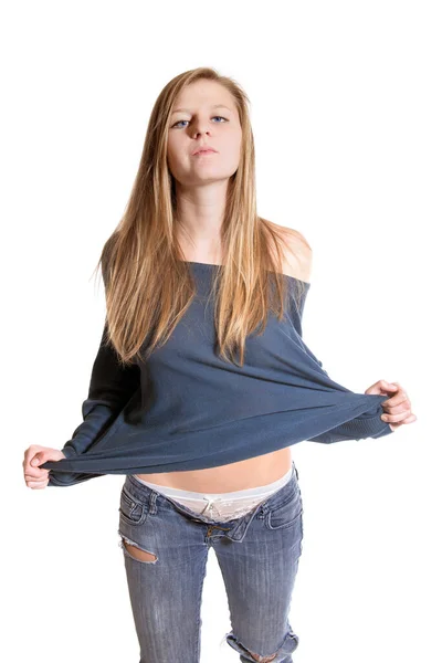 Close Portret Van Een Mooie Jonge Vrouw Uitkleden Haar Jeans — Stockfoto