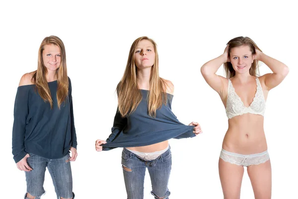 Three Closeup Portraits Beautiful Young Woman Undressing Herself Isolated White — Stock Photo, Image