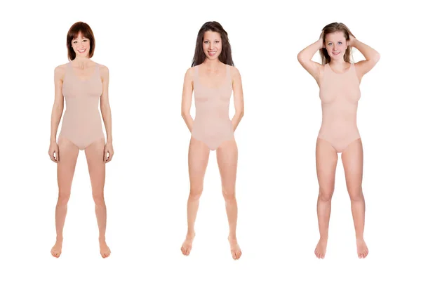 Tres Jóvenes Felices Con Trajes Baño Color Beige Retratos Cuerpo — Foto de Stock