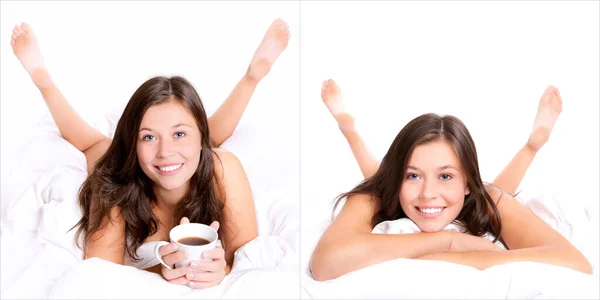 快乐的年轻女人 双脚高高地躺在空中 两张有咖啡和没有咖啡的照片 — 图库照片