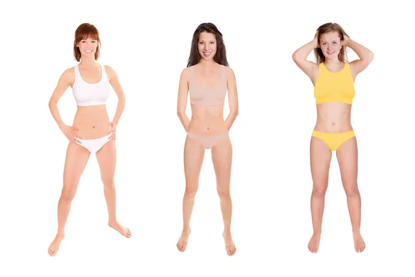 Full Length Portraits Three Young Laughing Women Wearing Different Bikinis — Stock Photo, Image