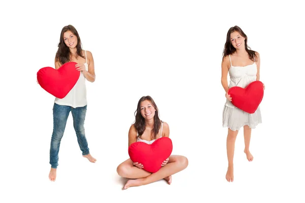 Three Photos Beautiful Young Woman Holding Red Heart Pillow Isolated — Stock Photo, Image