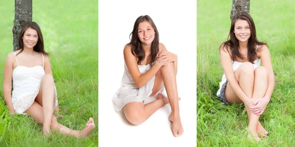 Vrolijke Jonge Vrouw Met Korte Zomerrokken Witte Topjes Drie Foto — Stockfoto