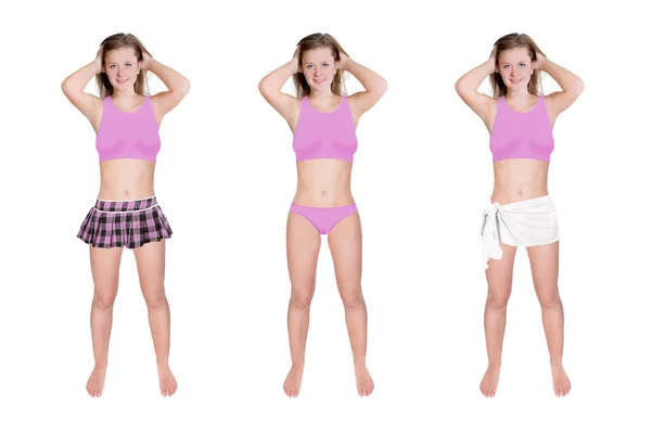 Piękna Młoda Kobieta Różowym Bikini Minispódniczką Ręcznikiem Kąpielowym Trzy Portrety — Zdjęcie stockowe