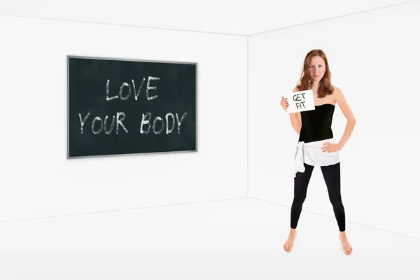 Athletic Slim Woman Holding Placard Front Chalkboard Love Your Body — Stock Photo, Image