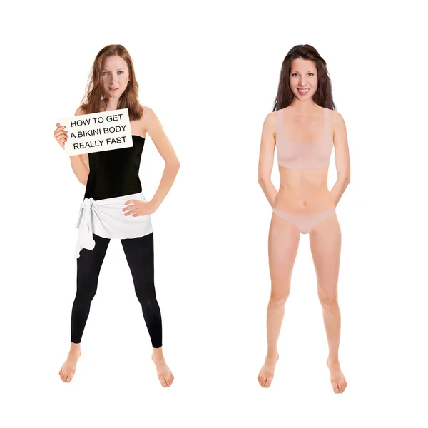 Full Length Portretten Van Twee Atletische Slanke Vrouwen Een Met — Stockfoto