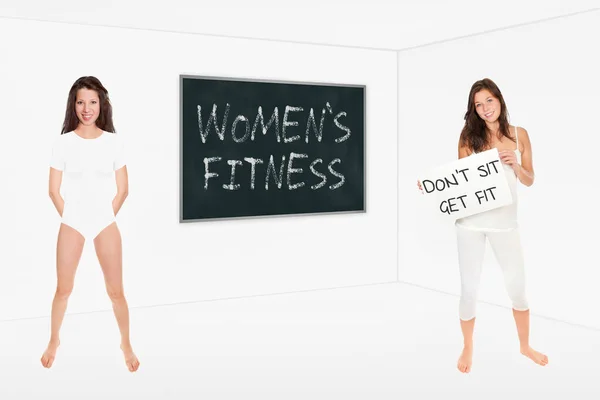 Athletic Slim Women Front Chalkboard Holding Placard Women Fitness Written — Stock Photo, Image