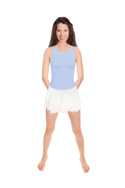 Full Length Portrait Attractive Brunette Woman Wearing White Skirt Blue — Stock Photo, Image