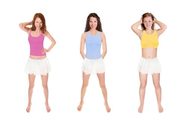 Retratos Larga Duración Tres Hermosas Mujeres Jóvenes Con Faldas Blancas —  Fotos de Stock