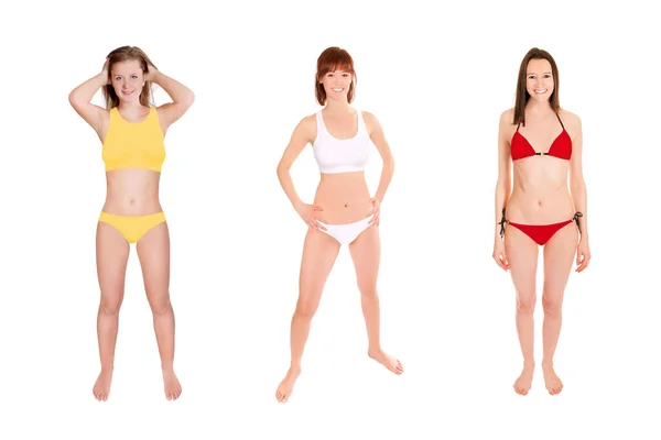 Full Length Portraits Three Gorgeous Laughing Women Wearing Different Bikinis — Stock Photo, Image