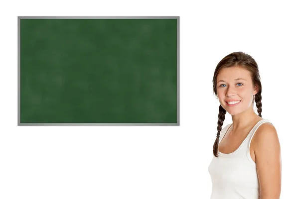 Oudere Schoolmeisje Voorkant Van Een Leeg Schoolbord Model Achttien Jaar — Stockfoto