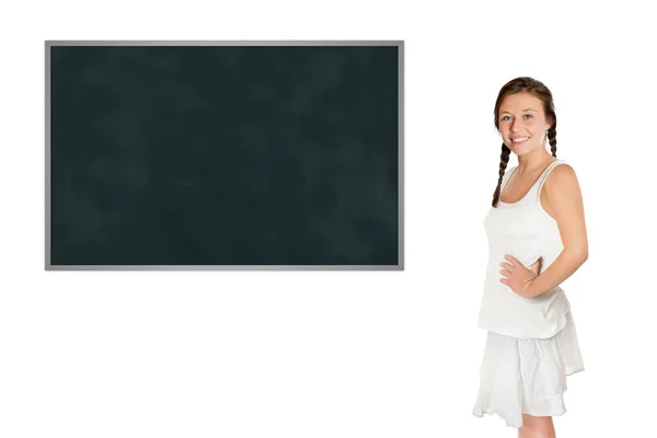 Elder Schoolgirl Front Blank Blackboard Model Eighteen Years Old Isolated — Stock Photo, Image