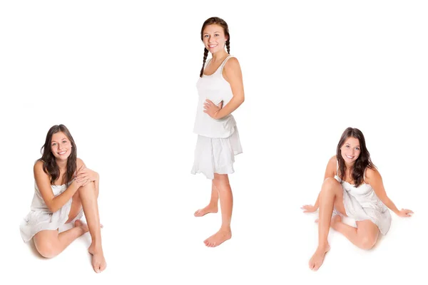 Mujer Joven Feliz Con Faldas Cortas Verano Tops Blancos Tres —  Fotos de Stock