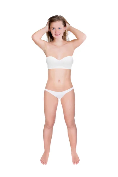 Hermosa Joven Con Bikini Blanco Aislada Delante Fondo Blanco —  Fotos de Stock